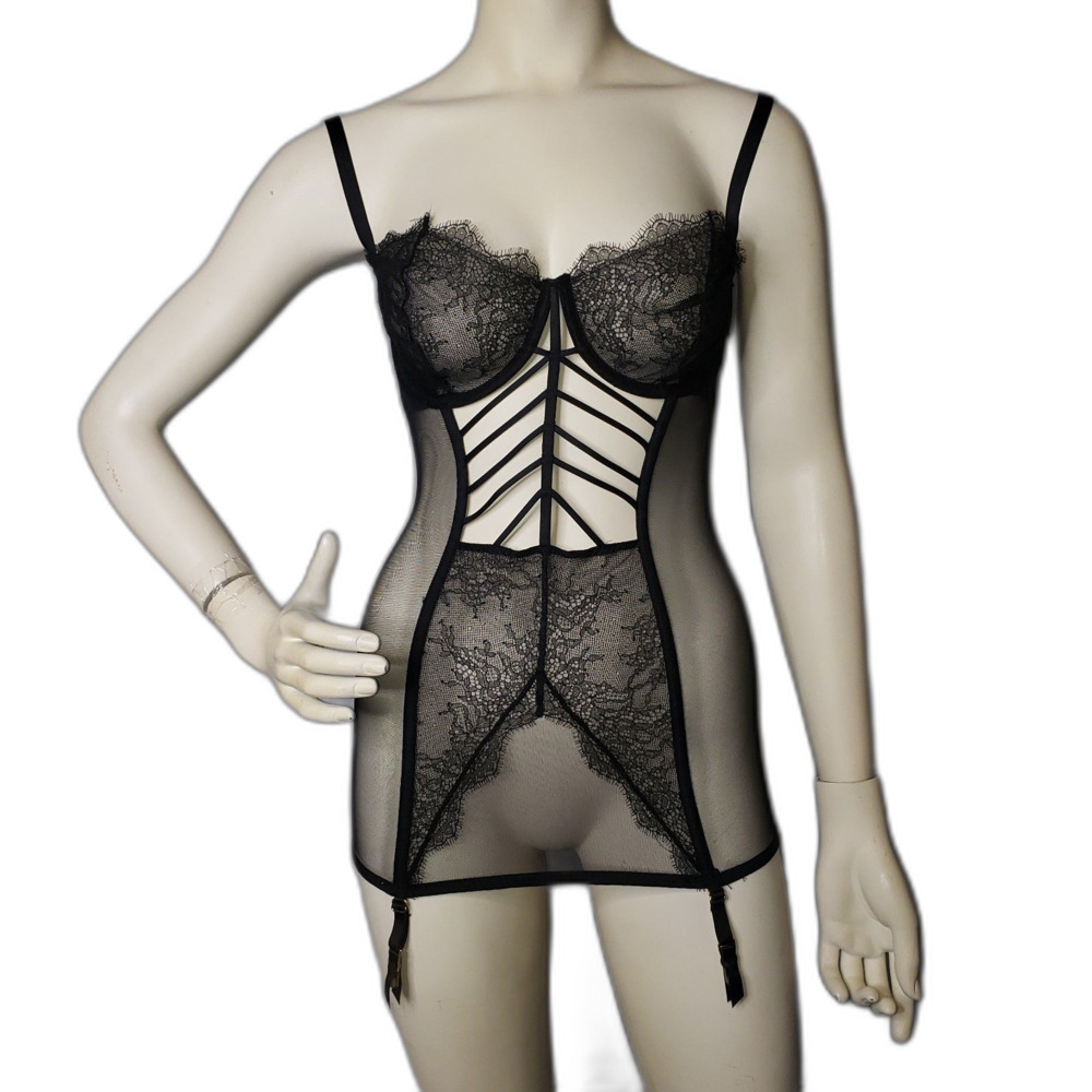Victorias Secret Black Lace and Mesh Longline Corset Nightie Womens Size 36D - Picture 3 of 10